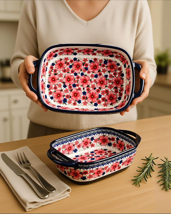Ceramic Baking Dish Set of 2 – Decorative Polish Pottery Style Casserole Dishes with Handles, Cute Oven-Safe Lasagna Bakeware Gift Set