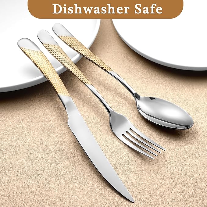 16 Piece Gold Hammered Silverware Set for 4, Premium Food-grade Stainless Steel Flatware Set, Luxury Design & Mirror Polished Cutlery Set, Eating Utensil Set with Fork Knife Spoon, Dishwasher Safe