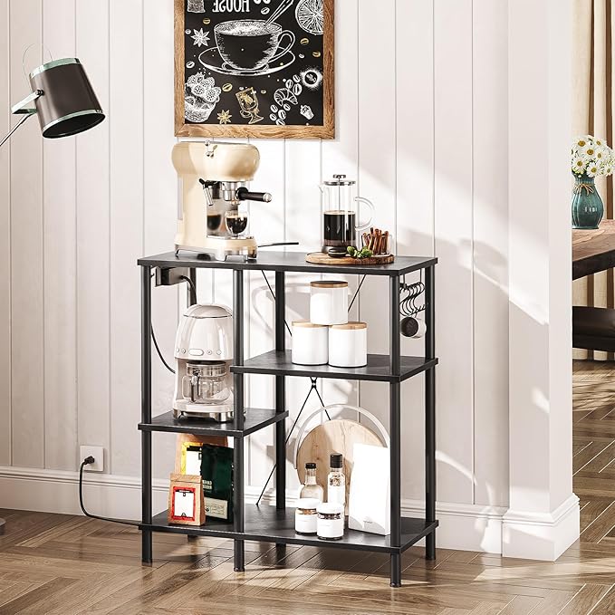 HOOBRO Bakers Rack with Power Outlet, Microwave Stand with 5 S-Shaped Hooks, Coffee Bar, Kitchen Storage Shelf, for Kitchen, Living Room, Black BB07UHB01