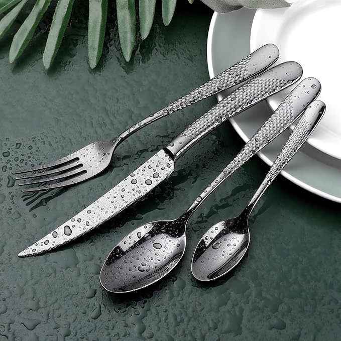 Hammered Black Silverware Set, OGORI 24-Piece 18/10 Stainless Steel Flatware Set, Service of 6