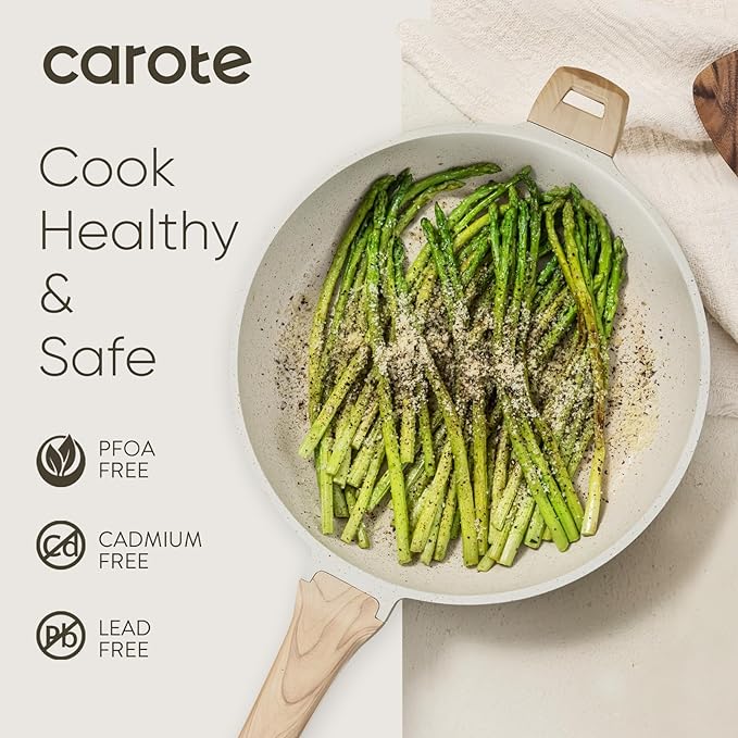 CAROTE 12.5 Inch Non Stick Frying Pan with Lid,White Granite Nonstick Skillet Omelet Pans, Egg Pan Granite Cookware, PFOS & PFOA Free