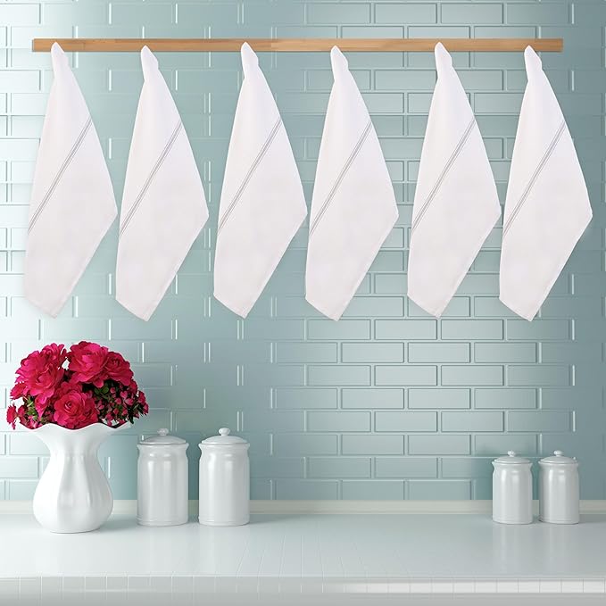 LANE LINEN Kitchen Towel Set, 6 Pack Dish Towels for Kitchen, 100% Cotton Absorbent Tea Towels, Quick Dry, 14"x25", Herringbone Weave, Reusable, Machine Washable, Soft for Drying Dishes - Grey Stripe