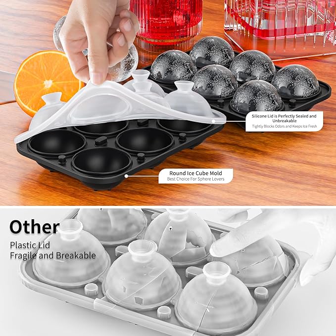 6 Chamber 2.2" 3D Round Ball Ice Cube Tray With Funnel,Large Circle Ice Ball Maker Mold Silicone Fun Shapes Bourbon Sphere Ice Cube Molds,For Chilling Whiskey,Cocktails,Bourbon,Brandy and Beverages
