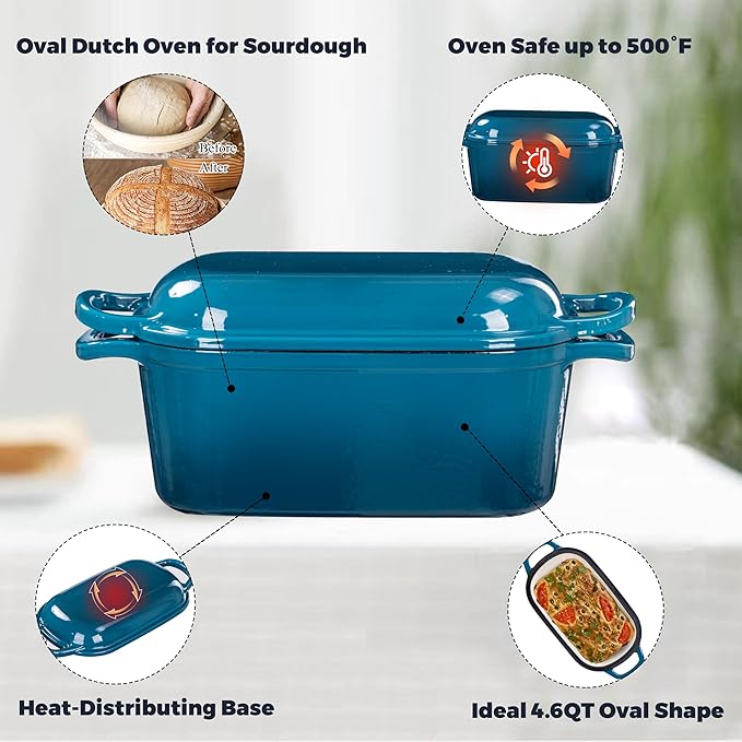 4.6 Quart Dutch Oven for Sourdough Bread Baking, Combo Oval Enameled Cast Iron Bread Pan with Lid, Bread Dutch Oven for a Crispy Crust, Teal