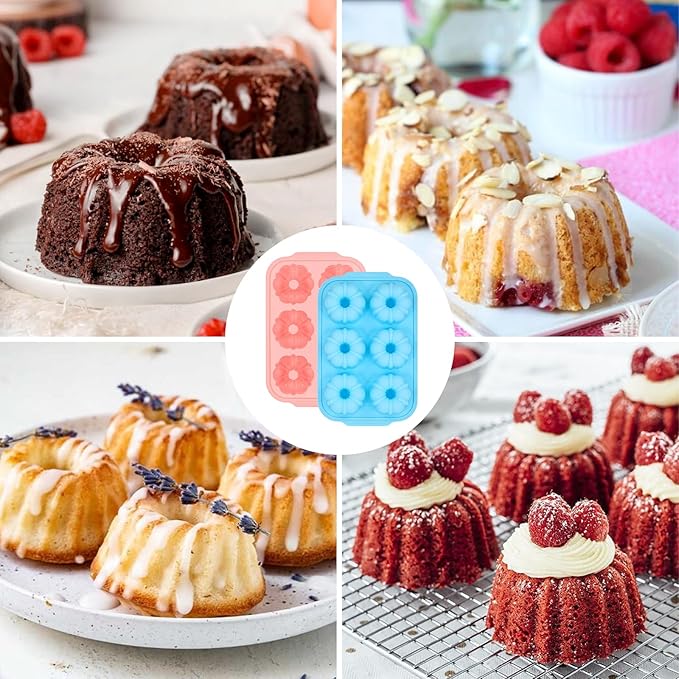 Mini Fluted Tube Cake Pans for Baking with Metal Reinforced Frame, 2Pcs Silicone 6-Cavity Mini Flan Molds, Nonstick Baking Mold for Cupcake, Brownie, Donuts, Cornbread, Jello