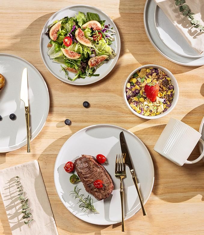 TheTerra Ceramic Dinnerware Sets with Pasta Bowls for 4, 16 Pieces Porcelain Lightweight Plates and Bowls Sets, Scratch Resistant Dish Set, Oven & Microwave & Dishwasher Safe, Reactive White