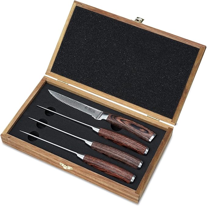 Wakoli EDIB 4-Piece Steak Knife Set – Japanese Style Dining Knives | Genuine Damascus Steel Blades with VG10 Core | Ergonomic Pakkawood Handles | Premium Steak Cutlery in Wooden Gift Box