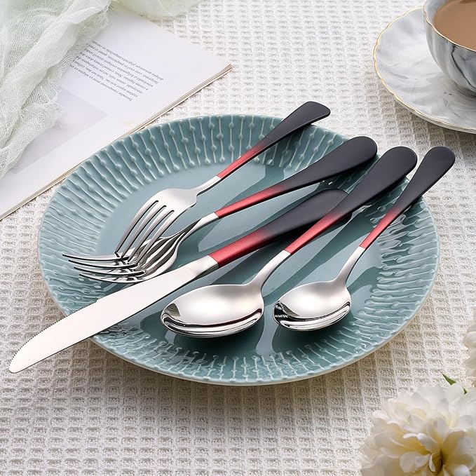 20 Piece Black Red and Silver 18/0 Flatware Utensil Set for 4, Include Dinner Knife,Dinner Forks,Dinner Spoons,Salad Forks,Teaspoons,Silverware Set for 4, Dishwasher Safe