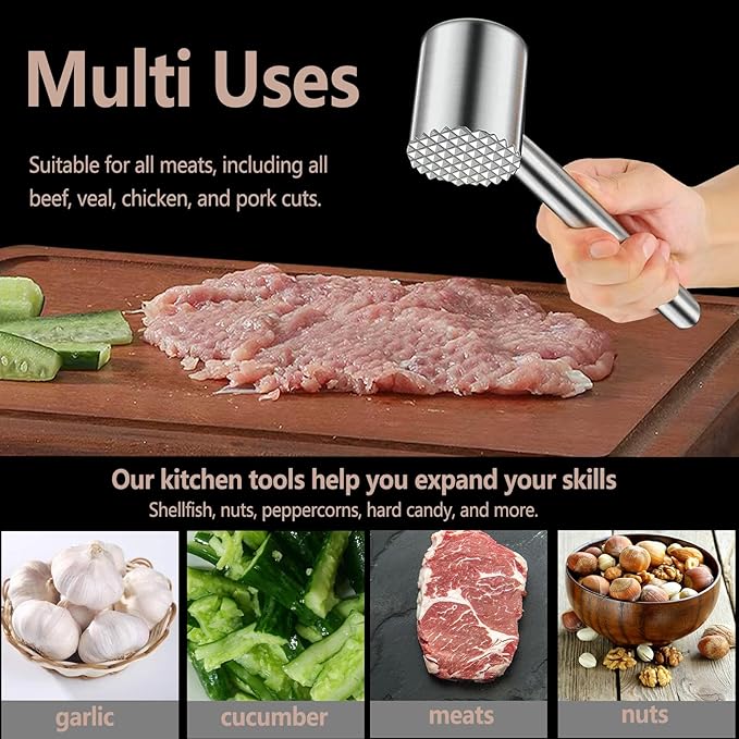 304 Stainless Steel Meat Tenderizer Mallet - Dual-Sided Heavy Duty Kitchen Hammer for Tenderizing & Flattening Steak, Beef, Chicken, Fish & Nuts, Dishwasher Safe with Ergonomic Grip (sliver)