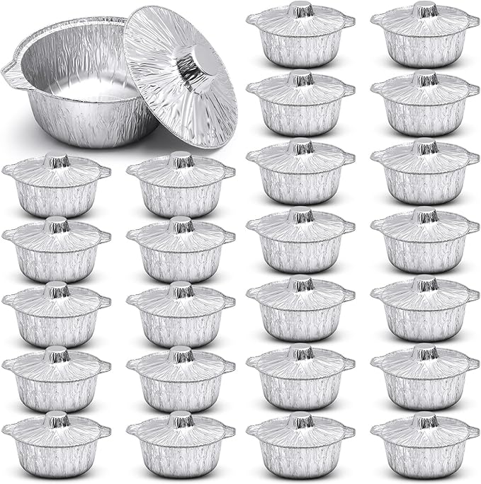 24 Disposable Aluminum Pot with Lid Round Foil Pans Disposable Cookware Food Container for Vacation Trips Camping Baking Heating Cooking (33.8 oz)