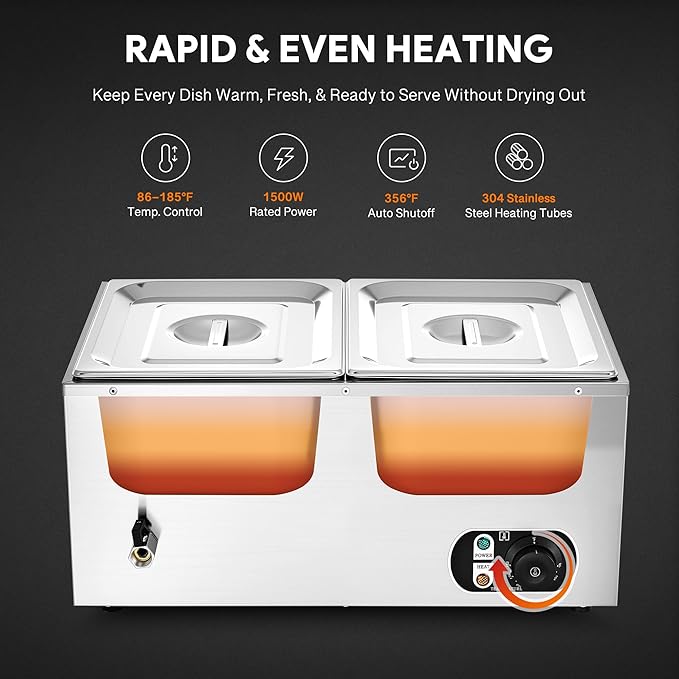 WILPREP Commercial Food Warmer with Two 1/2 Pans, 1500W Countertop Electric Steam Table, 86-185°F Adjustable Temp Control & Over-Temp Protection, Stainless Steel Buffet Bain Marie