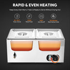 WILPREP Commercial Food Warmer with Two 1/2 Pans, 1500W Countertop Electric Steam Table, 86-185°F Adjustable Temp Control & Over-Temp Protection, Stainless Steel Buffet Bain Marie