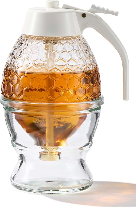 Stainless Steel Shaft, Glass Honey Dispenser, Chrome-Plated ABS Silver Lid – No Drip Glass with Stand – 8 oz Honey Jar – Honeycomb Design Container – Honey Pot for Honey, Maple Syrup (White)