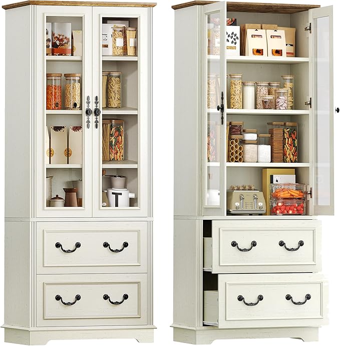 YITAHOME 76'' Kitchen Pantry Cabinet with 2 Drawers, Tall Storage Cabinet with Glass Doors & Adjustable Shelves, Freestanding Display Curio Cabinet for Collectibles, Living Room, Off-White