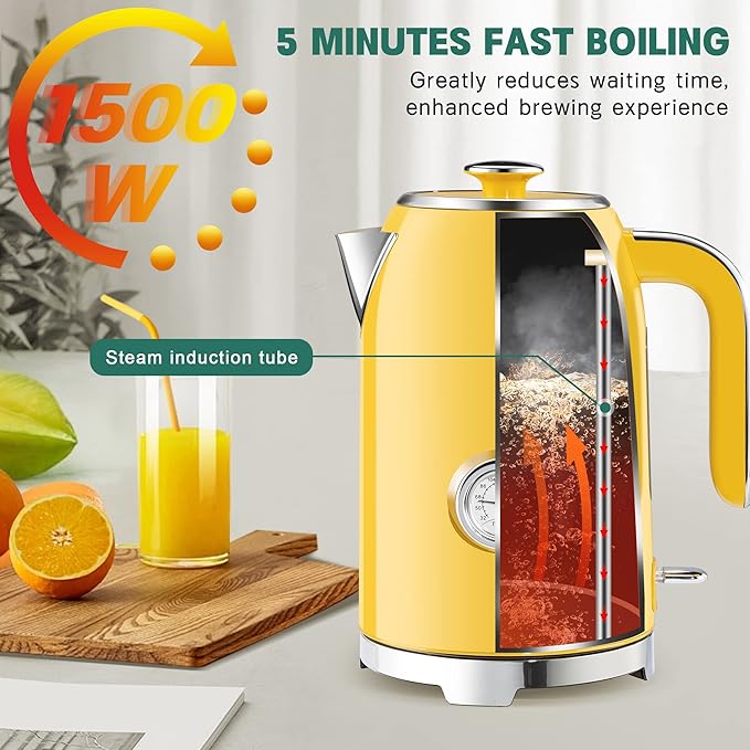 SUSTEAS Electric Kettle - 57oz Hot Tea Kettle Water Boiler with Thermometer, 1500W Fast Heating Stainless Steel Tea Pot, Cordless with LED Indicator, Auto Shut-Off & Boil Dry Protection, Retro Yellow