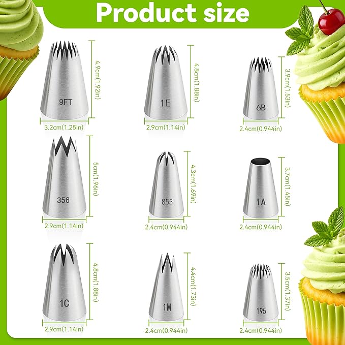 9PCS Large Piping Tips Set, Stainless Steel Cake Decorating Tips, Pastry Cake Decorating Tips Baking Tools for Baking Cupcakes, Cake Decorating