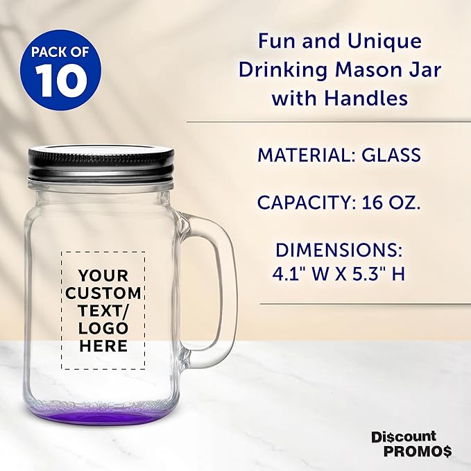 DISCOUNT PROMOS Custom Libbey Handle Mason Jars w/Lids 16 oz. Set of 10, Personalized Bulk Pack - Traditional style, High standard - Purple