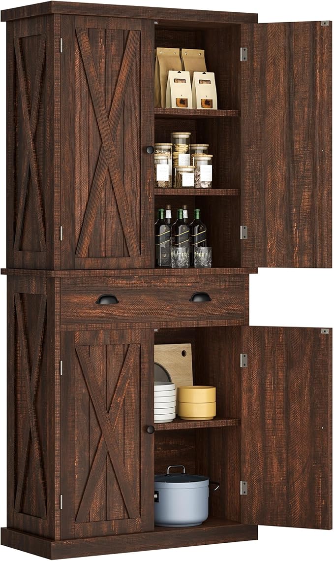 DWVO 72'' Farmhouse Kitchen Pantry, Rustic Wood Kitchen Storage Cabinets with Adjustable Shelves & Drawer, Tall Freestanding Cupboard for Dining Room, Living Room, Drak Brown