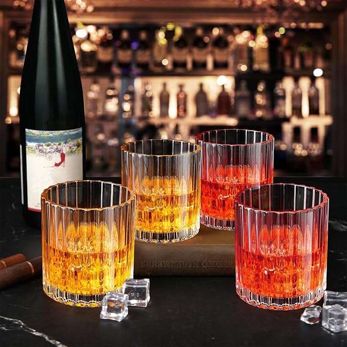 12 Pieces Old Fashioned Whiskey Glasses 10 oz Bourbon Cocktail Rocks Glasses for Whiskey Bourbon Liquor and Cocktail Drinks Gift for Men Home Bar(Vintage Ribbed)