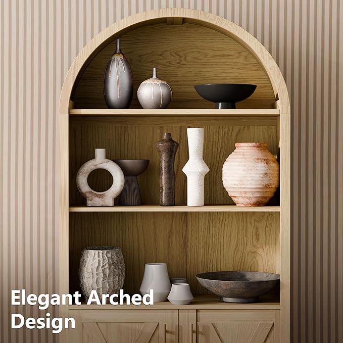Arch Storage Cabinet with Beech-Wooden Door, 60” Cute Arched Display Cabinet, 4 Tier Farmhouse Buffet Cabinets with Storage for Dining Room, Living Room, Home Office or Kitchen (Oak)