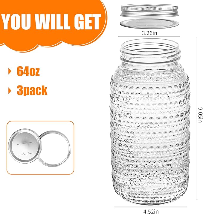 Mason Jars 64 Oz Wide Mouth with Lids 3 Pack, Large Half Gallon Glass Canning Jars for Fermenting, Pickling, Storing Food, Meal Prep, Salad Jam