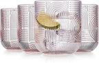 Glaver's Whiskey Glasses Set of 4 Double Old Fashioned 13 oz. Rock Glases, Pink Embossed Art Deco New Designed, Modern Vintage Drinking Glassware For Home Bar Whisky Bourbon Scotch