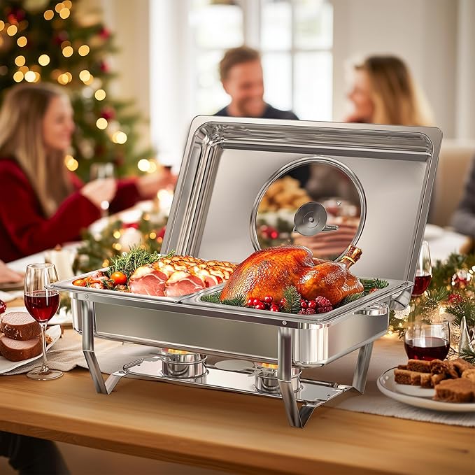 Chafing Dishes for Buffet with Glass Lid (9QT, 2Pack) - Food-Grade Stainless Steel, Rolled Rim Design, Foldable Frame, Lid Holder, Buffet Servers and Warmers Parties, Catering, Weddings