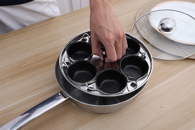 6 Cups Egg Poacher Pan - Stainless Steel Poached Egg Cooker – Induction Cooktop Egg Poachers Cookware Set with 4 Nonstick Large PFOA FREE Egg Poacher Cups and Silicone Spatula