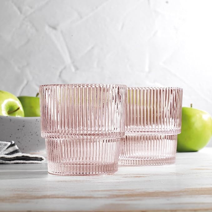 Glaver's Ribbed Drinking Glasses Set of 4, Pink Drink Glasses, Vintage Glass Cups. 11 oz Rocks Glasses, Stackable Whiskey Glasses, Modern Vintage Style, Blush