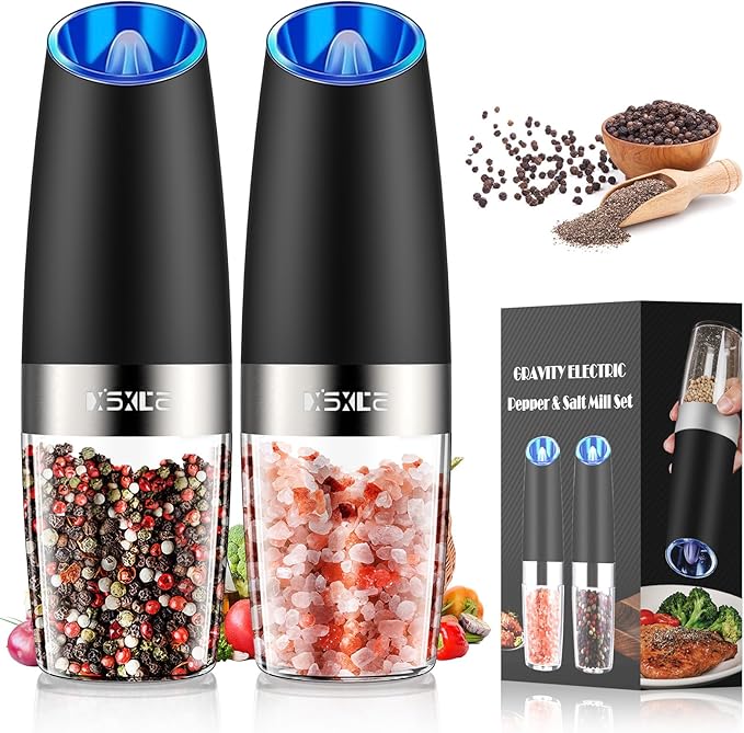 XinXu Gravity Automatic Electric Pepper and Salt Grinder, Auto Salt or Pepper Mill Shaker Stainless Steel,Blue LED Light,One Hand Operated, Black