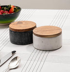 Cork & Mill Grey Marble Salt Cellar with Acacia Wood Lid and Spoon - Elegant Modern Salt Container for Countertop - Handcrafted Pepper Pot - Wide 4” Pepper Holder with Non-Skid Feet