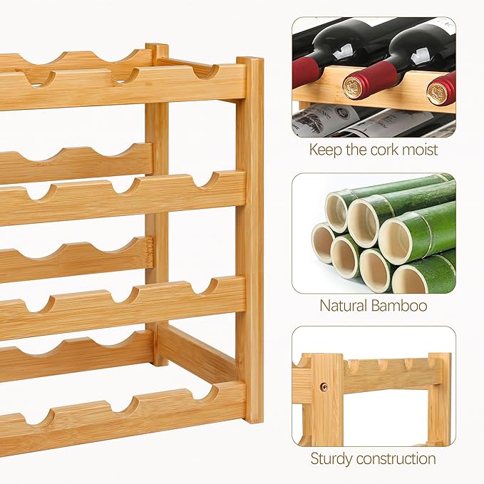 VASMIA Wine Rack, 4-Tier Bamboo Wine Racks Countertop,Sturdy and Durable Wine Storage Cabinet Shelf,16 Bottles Wine Holder for Kitchen Pantry, Natural