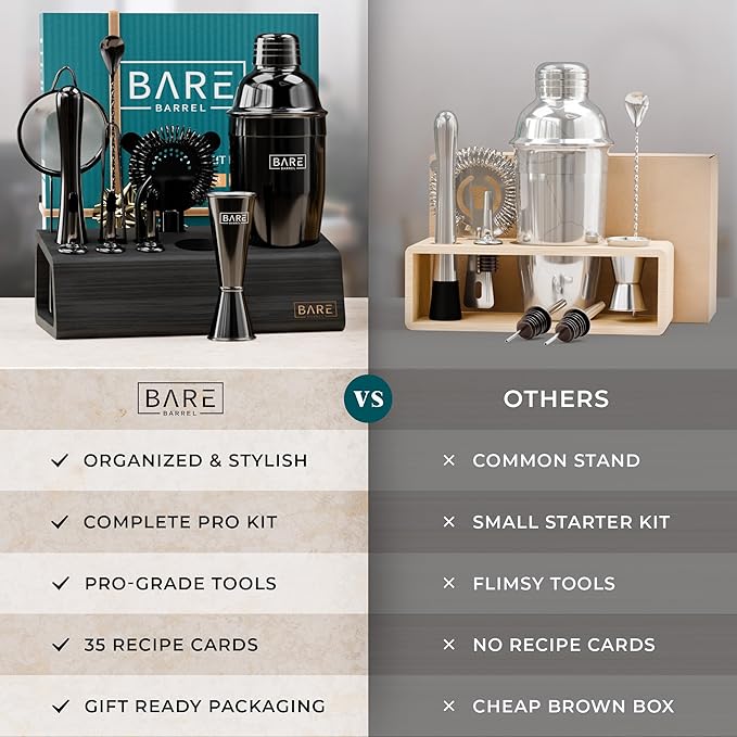 BARE BARREL® Mixology Bartender Kit Bar Set | 14-Piece Cocktail Shaker Set | Martini Barware Mixing Tools for Home Bartending | Incl. 35 Recipe Cards | Gift Set (24oz Cobbler Shaker, Jet Black/Black)