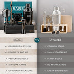 BARE BARREL® Mixology Bartender Kit Bar Set | 14-Piece Cocktail Shaker Set | Martini Barware Mixing Tools for Home Bartending | Incl. 35 Recipe Cards | Gift Set (24oz Cobbler Shaker, Jet Black/Black)