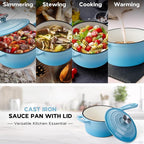 Onader 2 Quart Enameled Cast Iron Saucepan, Small Cast Iron Sauce Pan Pot for Cooking, Enamel Dutch Oven Kitchen Pot – Lake Blue