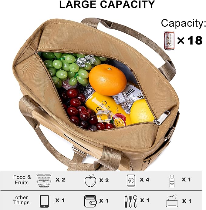 Weitars Insulated Lunch Bag for Men Women,Leak Proof Lunch Box for Work,Extra Large Lunch Tote Bag With Removable Shoulder Strap with Side Pockets,Reusable Lunch Bag For Picnic Hiking (Kakhi)