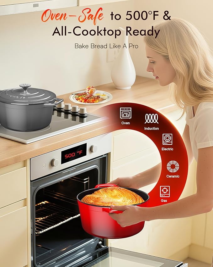 Nuwave 6QT Healthy Enameled Cast Iron Dutch Oven Pot with Lid, Heavy Duty 7-Layer Enamel, Enhanced Rust Protection, Dual Handles, Oven Safe to 500°F for Sourdough Bread Baking, Braise, Stew, Roast