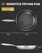 Stainless Steel Nonstick Frying Pan, Hybrid Ceramic 12-Inch Frying Pans, Stay-Cool Handle, PFAS & PFOA PTFE Free, Dishwasher & Oven Safe, Scratch-Resistant, Compatible with Induction & All Cooktops