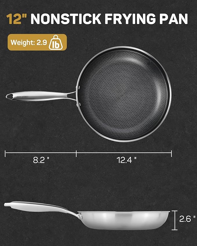 Stainless Steel Nonstick Frying Pan, Hybrid Ceramic 12-Inch Frying Pans, Stay-Cool Handle, PFAS & PFOA PTFE Free, Dishwasher & Oven Safe, Scratch-Resistant, Compatible with Induction & All Cooktops