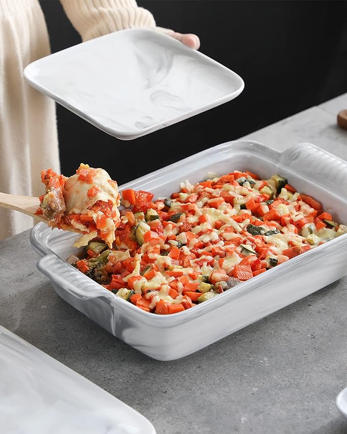 MALACASA Casserole Dish With Lid, 3.4 Quart Baking Dish With Lid, Lasagna Pan Deep Ceramic Bakeware Covered Casserole Dish, Microwave, Oven Safe, Series BAKE-GREY