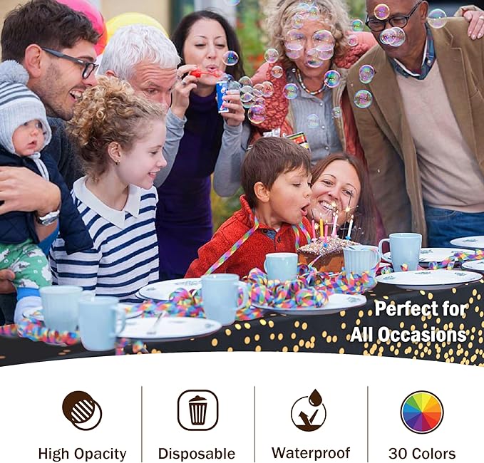 Exquisite Party Solids White and Gold Tablecloth 12-Pack New Years Plastic Tablecloth Black and Gold Dot 54in. X 108in. Rectangle Table Cover Black and Gold Party Decorations