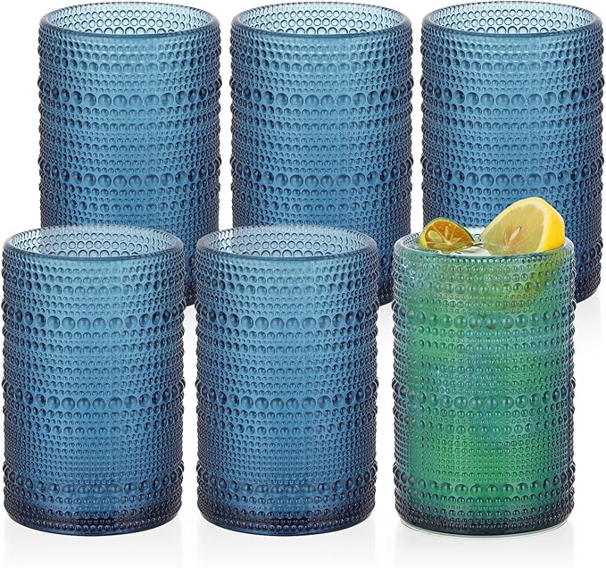 MOLIGOU 6 Pcs Embossed Drinking Glasses, 15oz Vintage Highball Glasses, Beaded Glass Drinking Cups (Blue)