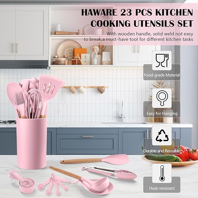 HaWare Kitchen Cooking Utensils Set, 23-Piece Silicone Kitchen Utensils Spatula Set with Holder, Heat Resistant Wooden Handle Kitchen Gadget for Nonstick Cookware, Food-grade Turner Spoon Sets (Pink)
