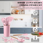 HaWare Kitchen Cooking Utensils Set, 23-Piece Silicone Kitchen Utensils Spatula Set with Holder, Heat Resistant Wooden Handle Kitchen Gadget for Nonstick Cookware, Food-grade Turner Spoon Sets (Pink)