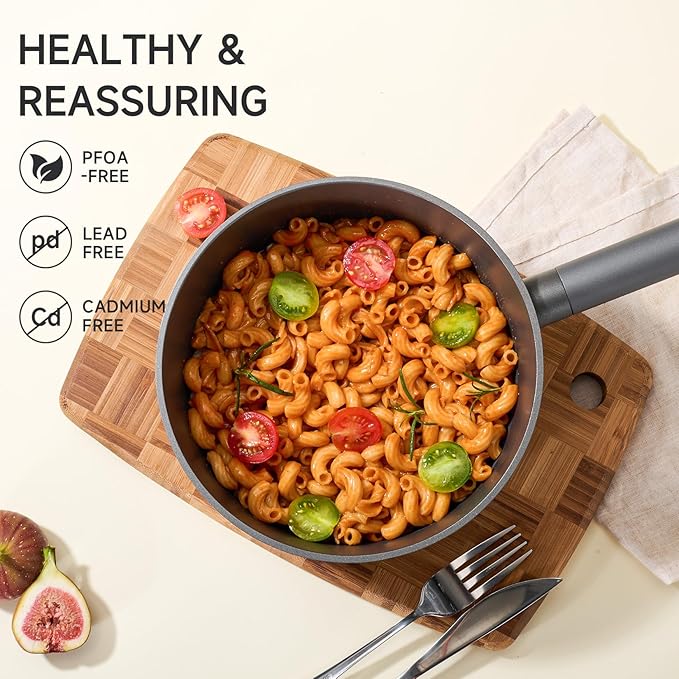 JEETEE Titanium Sauce Pan with Lid, 3 QT Non Stick Cooking Pots, Oven & Dishwasher Safe, Ideal for Sauces Soups and Heating Milk, PFOA/PFAS Free (Gray)