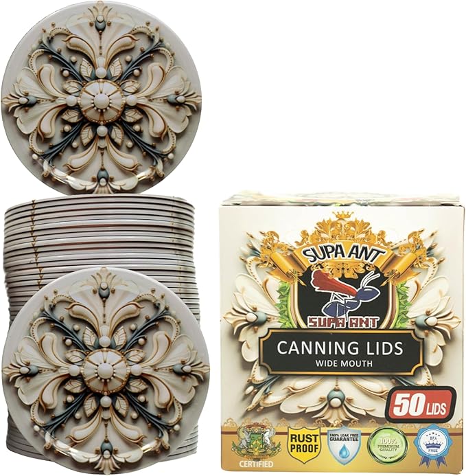 Supa Ant Thickest Canning Lids Wide Mouth (50 Pcs.) Food Grade Tin Can Lids for Canned Food - Buckle Proof & Rust Proof Lid for Canning Kit for Wide Mouth Mason Jars (White Pearls) Canning Supplies