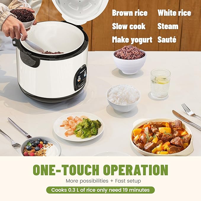 10-Cup Uncooked Rice Cooker & Food Steamer - Ceramic Non-Toxic Inner Pot, One-Touch Multifunction for Rice/Sauté/Yogurt, Dishwasher Safe, 3-10 Family Size, White