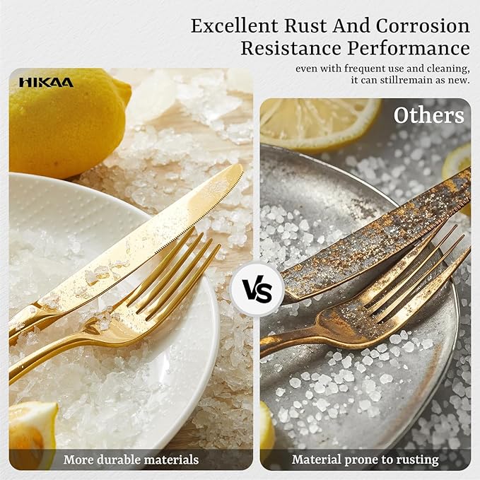 HIKAA Forged Silverware Set Stainless Steel Flatware Set,Service for 8,Matte Satin Polished Cutlery Set,Dishwasher Safe (Gold, 40PCS)