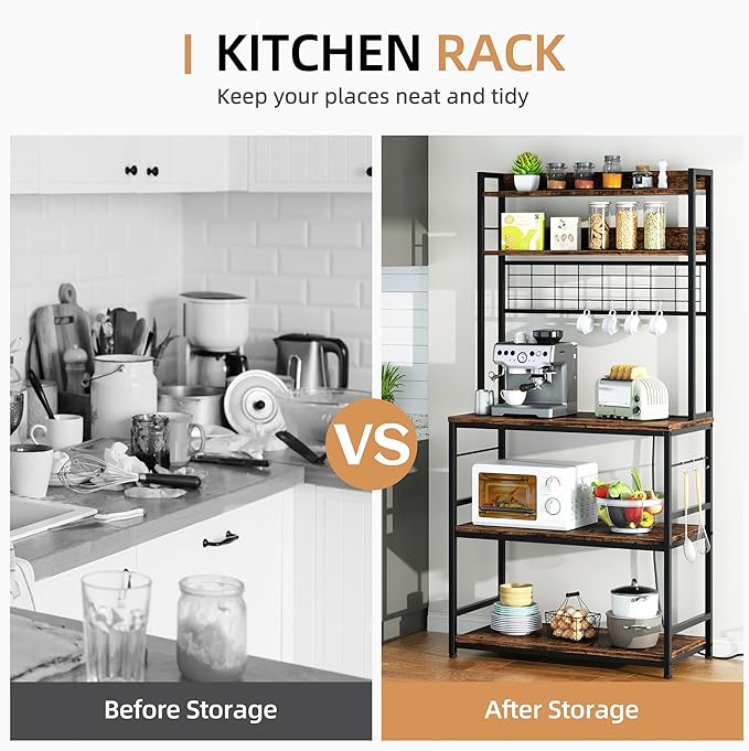 Shintenchi Bakers Rack with Power Outlet, Large Storage Space, 10 Hooks Coffee Bar with Metal Wire Panel, High Microwave Stand, Classic Kitchen Storage Shelf Design, Vintage Brown