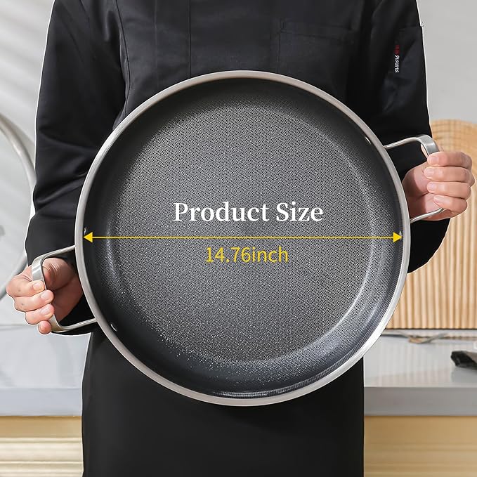 DELARLO Paella Pan 14 Inch Tri-Ply Stainless Steel Paella Pan with Lid Nonstick Frying Pan, Hybird Induction Large Skillets,Great for Paella Parties Indoors Outdoors,Heavy Duty Style